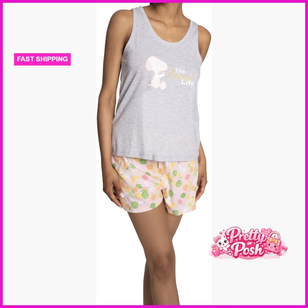 Sleeveless Tank Top and Drawstring Shorts Pajama Set Cotton Blend
